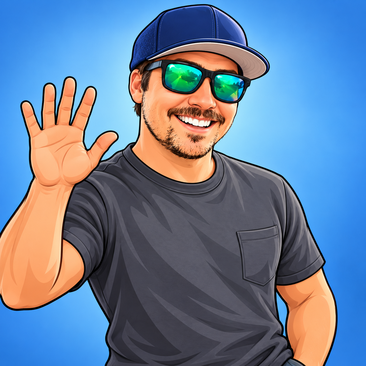 Cartoon host in a navy cap and green sunglasses waving hello